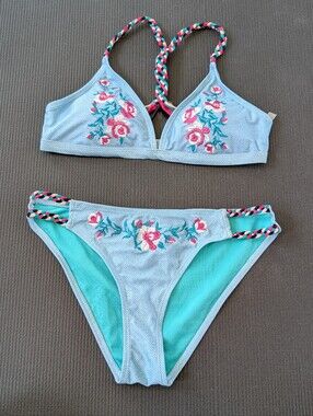 H&M Light Blue Bikini Bottoms with Pink & Teal Floral Embroidery